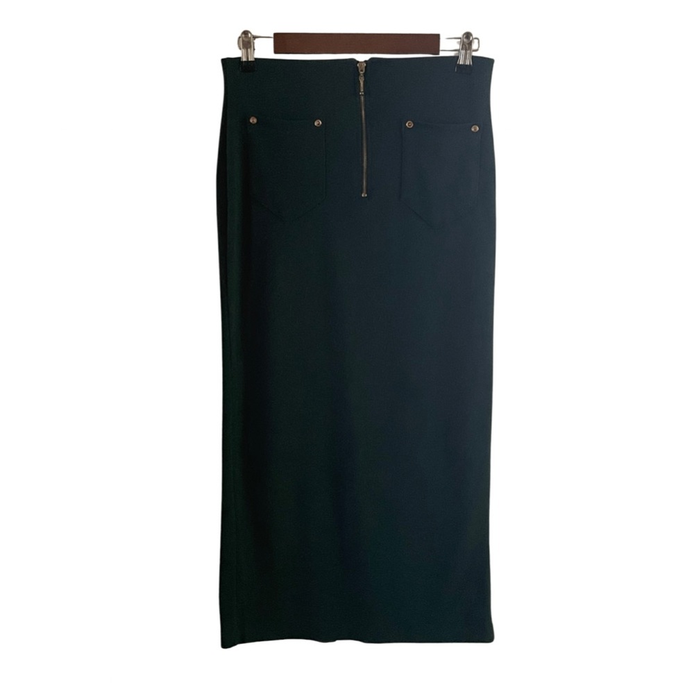 VINTAGE Dark Green Front Zipper Gold Accents MIDI Straight Pencil Skirt Size L